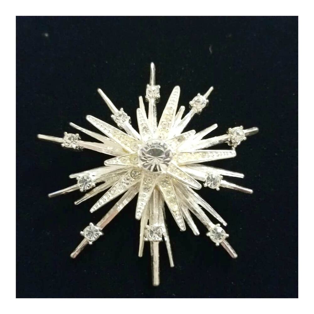 Mid Century Atomic Starburst Brooch with Crystals 2.75" Tall